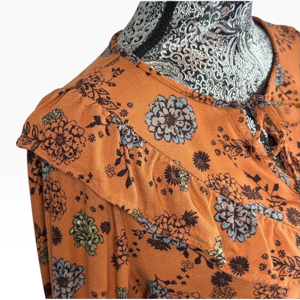 Sonoma Floral Boho Blouse Rust Orange Blue Green Ruffle Front Long Sleeve Size M - Picture 6 of 14